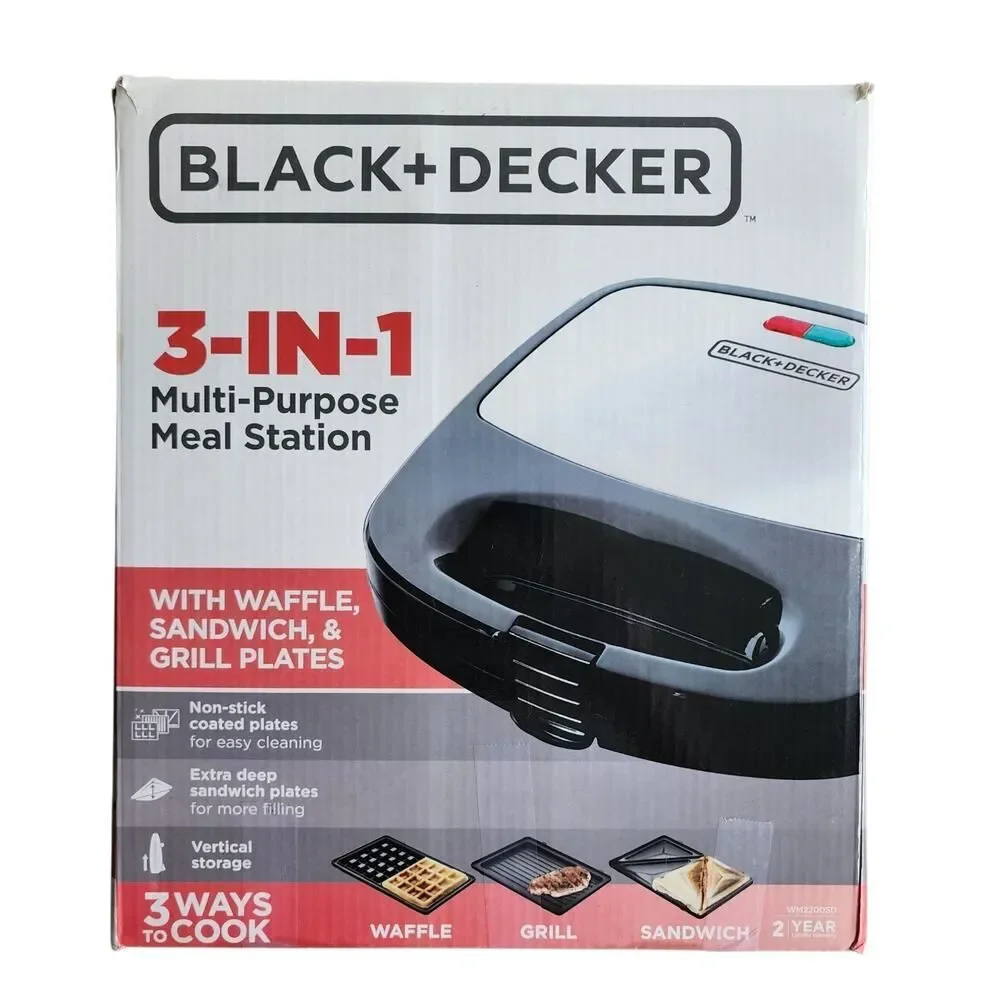 BLACK+DECKER 3-in-1 Waffle Maker Sandwich Grill Non-Stick Plates Vertical...